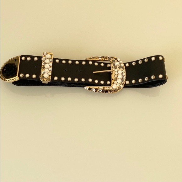 St. Maarten Black Leather Vintage Crystal Punk Rock Belt SZ XS - Picture 3 of 6